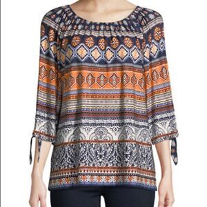 Ruby Rd Patterned Scoop Neck Blouse-ORANGE-Small